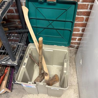 Plastic Storage Bin with Sledge Hammer / Axe / Lug Nut Tool