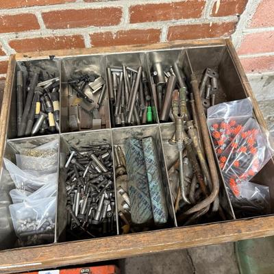 Wood Crate with misc. screws/metal parts/torches