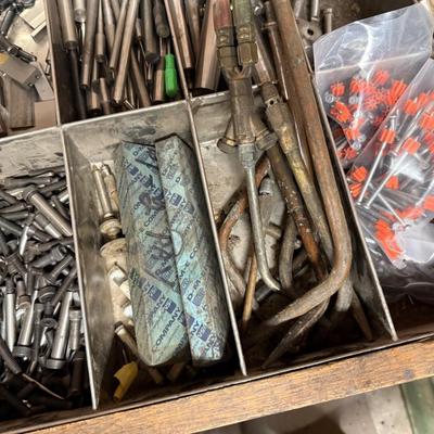 Wood Crate with misc. screws/metal parts/torches