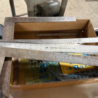 Box of T-Squares, drafting tools, rulers
