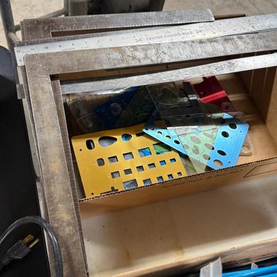 Box of T-Squares, drafting tools, rulers