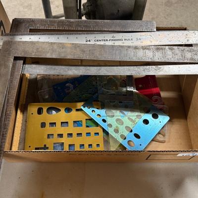Box of T-Squares, drafting tools, rulers