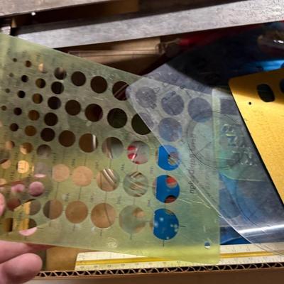 Box of T-Squares, drafting tools, rulers