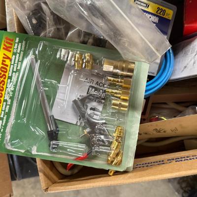 Box of Misc. Air Compressor Kit/Power Strips/wall anchors