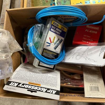 Box of Misc. Air Compressor Kit/Power Strips/wall anchors