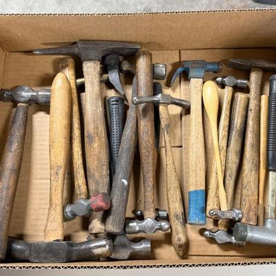Box of misc. metal working/finishing hammers