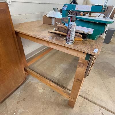 Long homemade wood work table. Approx. 4' x 8'