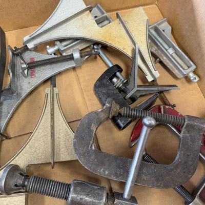 Box of various metal clamps – corner and "C"