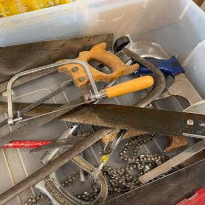 Tub w/wood saws/hack saws/pipe cutting saw – chain for saw