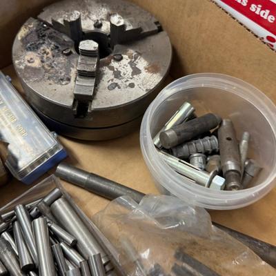Box of misc. machine parts – Chucks/Latheing & Miling Pieces