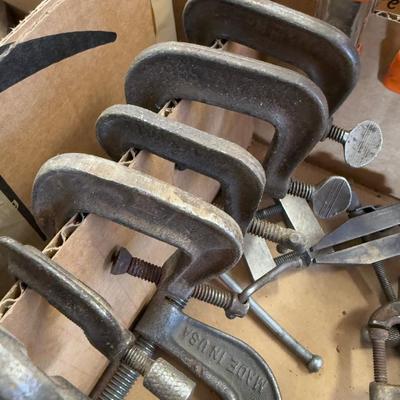Box of Various small to medium sized clamps