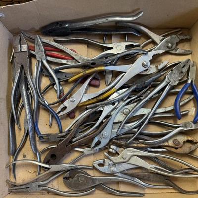 Box of various pliers – needlenose & other types