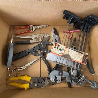 Box of Misc. tools cutters/allen wrenches/pliers (11 tools + 7 allen keys)