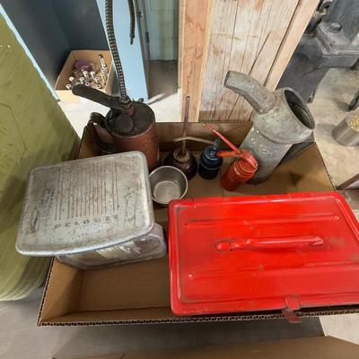 Gas Can/Vintage Oil Cans/Red Metal Box/Old Scale