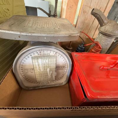 Gas Can/Vintage Oil Cans/Red Metal Box/Old Scale