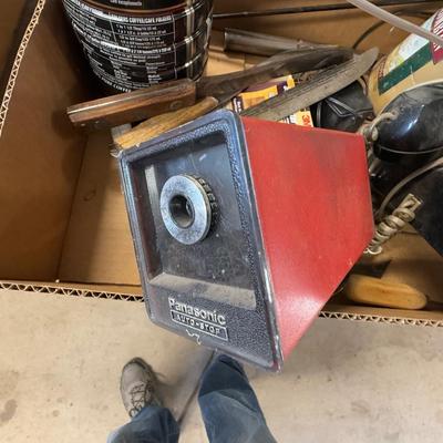 Box w/knives/jewelers ring sizer/Rotary Phone/Elec. Pencil Sharpener & misc.
