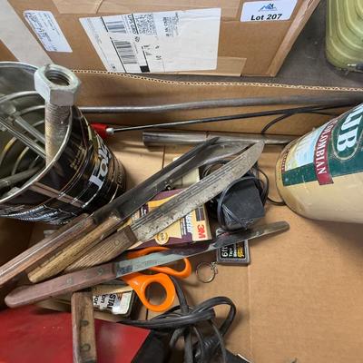 Box w/knives/jewelers ring sizer/Rotary Phone/Elec. Pencil Sharpener & misc.