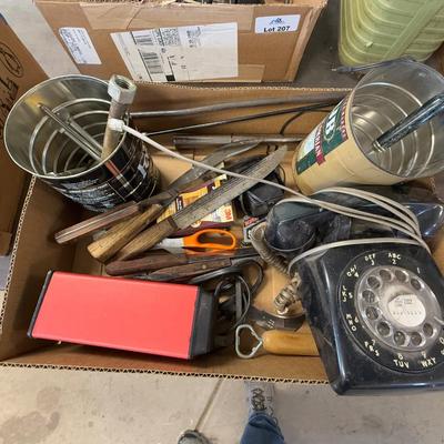 Box w/knives/jewelers ring sizer/Rotary Phone/Elec. Pencil Sharpener & misc.