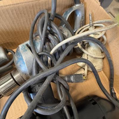 Box of 4 Electric Corded Drills + another tool & Bit