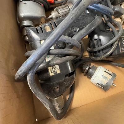 Box of 4 Electric Corded Drills + another tool & Bit