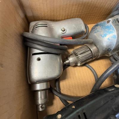 Box of 4 Electric Corded Drills + another tool & Bit