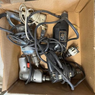 Box of 4 Electric Corded Drills + another tool & Bit