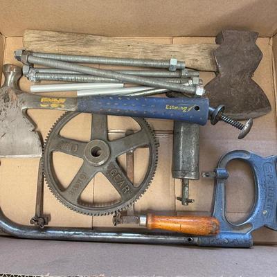 Box of misc. tools – saws/hatchets & misc.