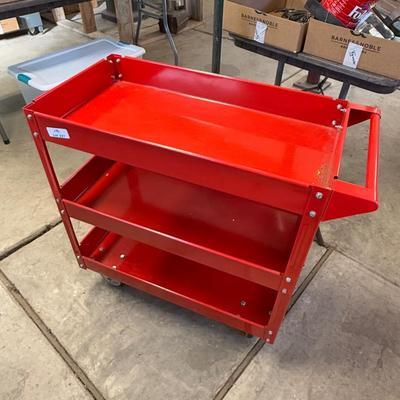 Red rolling 3 tiered newer work/shop cart