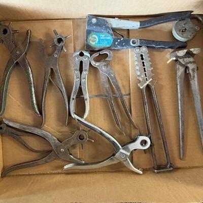 Box of Riveting Tools + (9 total tools & 1 old padlock w/o key)