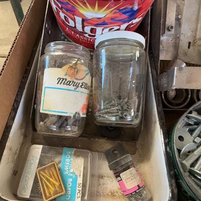 Box of Misc. shop items-nuts/bolts/nails/screws & misc. hdw.
