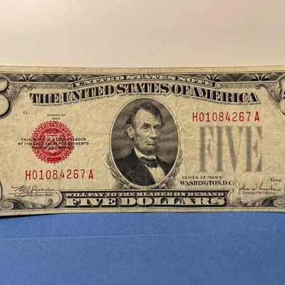 SERIES 1928-E $5 ***RED SEAL*** UNITED STATES NOTE CIRCULATED CONDITION H01084267A AS PICTURED. FREE DOMESTIC SHIPPING.