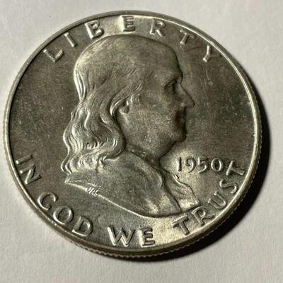 1950-P AU58 CONDITION FRANKLIN SILVER HALF DOLLAR AS PICTURED. FREE DOMESTIC SHIPPING.