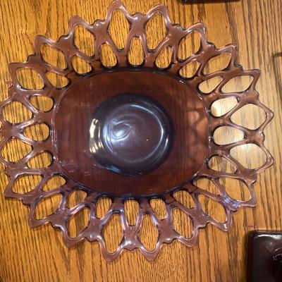 PRETTY PURPLE MCM GLASS BOWL AND CANDLE STICK HOLDERS