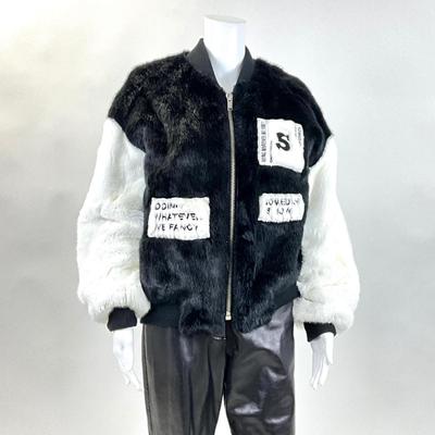333 SJYP Black & White Faux Fur Coat w/ Embroidered Patches Size LG