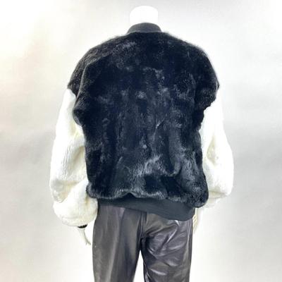 333 SJYP Black & White Faux Fur Coat w/ Embroidered Patches Size LG