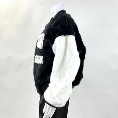 333 SJYP Black & White Faux Fur Coat w/ Embroidered Patches Size LG