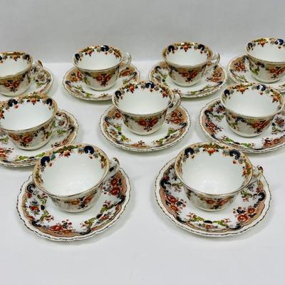 Lot of (9) CUP & SAUCER SETS Antique John Maddock and Son Royal Vitreous, English Transfer ware, Majestic Pattern
