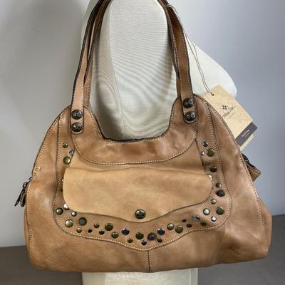 Sale Photo Thumbnail #6: From the Washed Vintage collection, this Italian leather satchel features studs in multiple finishes. Original retail $198