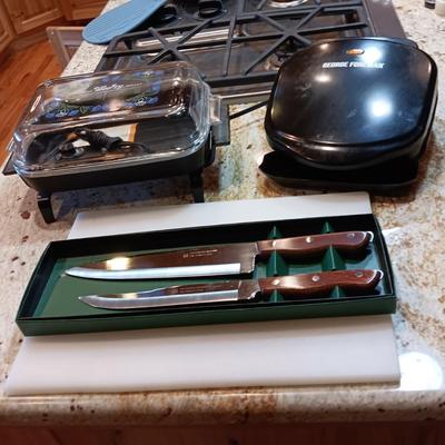 MAXAM STEEL KNIVES, WEE FRY SKILLET, GEORGE FOREMAN GRILL AND CUTTING BOARD