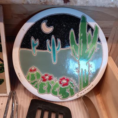 VARIETY OF KITCHEN UTENSILS AND 2 TILE HOT PLATES