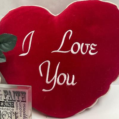 Valentine Decor Lot - Sign, Pillow, Roses, Candleholder, Doll or Stuffie Sweater etc