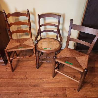 3 Vintage Accent Chairs 2 Rush 1 Cane Seats