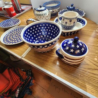 Lot of Polish Boleslawiec Pottery Poland Teapot Bowls Plates Spoon Rest Cup