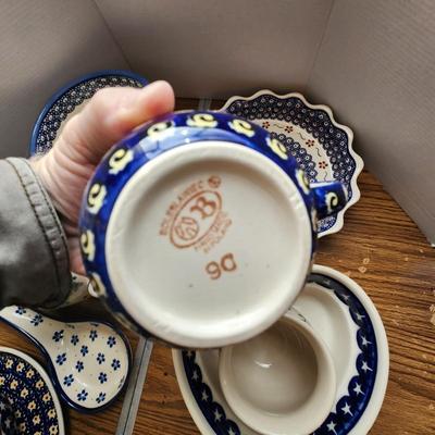 Lot of Polish Boleslawiec Pottery Poland Teapot Bowls Plates Spoon Rest Cup