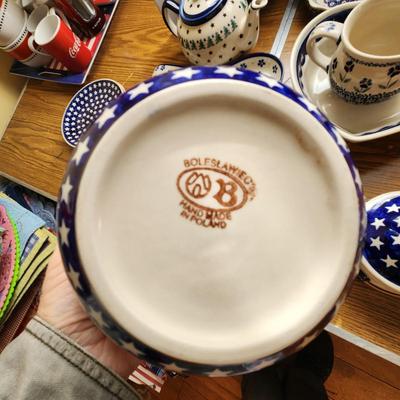 Lot of Polish Boleslawiec Pottery Poland Teapot Bowls Plates Spoon Rest Cup