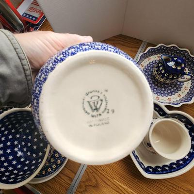 Lot of Polish Boleslawiec Pottery Poland Teapot Bowls Plates Spoon Rest Cup