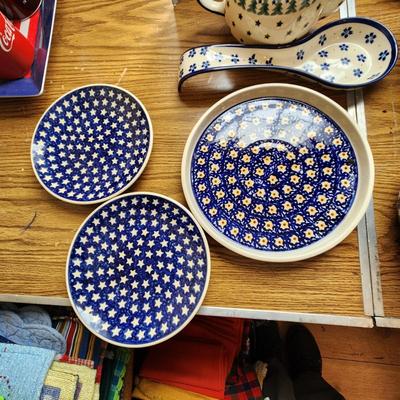 Lot of Polish Boleslawiec Pottery Poland Teapot Bowls Plates Spoon Rest Cup