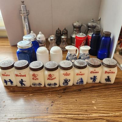 Collection of Salt Pepper & Spice Shakers Milk Glass Blue Glass Lighthouse Pepper mill
