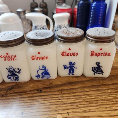 Collection of Salt Pepper & Spice Shakers Milk Glass Blue Glass Lighthouse Pepper mill