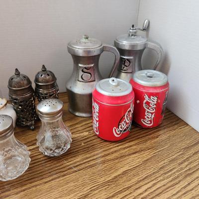 Collection of Salt Pepper & Spice Shakers Milk Glass Blue Glass Lighthouse Pepper mill